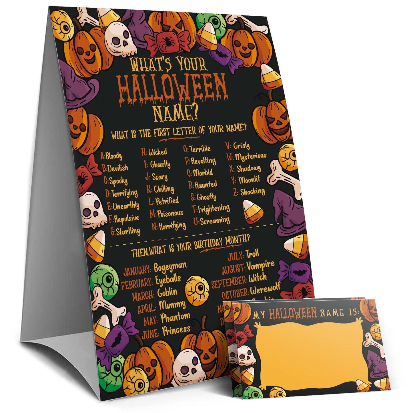 Halloween Games Sign - What's Your Halloween Name Game, Halloween Games and Activities for Family, Fall Party Games（9WN）