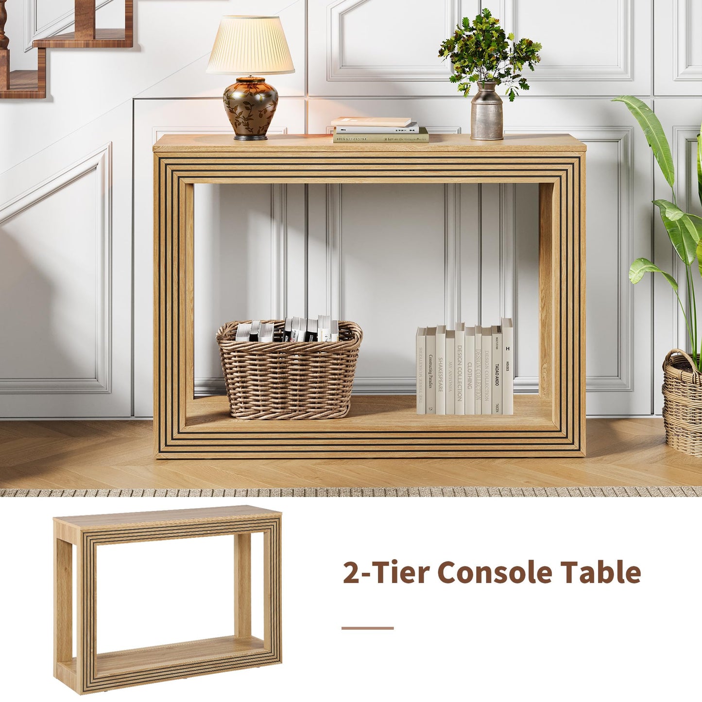 AVZEAR Fluted Entryway Console Table with Storage Shelf, 43" Mid-Century Couch Table Behind Sofa Long and Skinny for Living Room Hallway Entrance Foyer, Nature