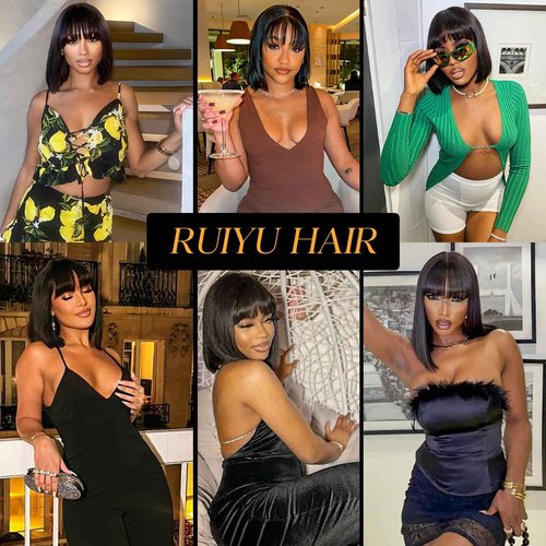 Ruiyu 250 Density Bob Wig with Bangs Human Hair 2x4 HD Lace Closure Front Silky Straight Wigs Human Hair Glueless Ready to Wear and Go for Beginners 100% Brazilian Human Hair for Black Women 12 Inch