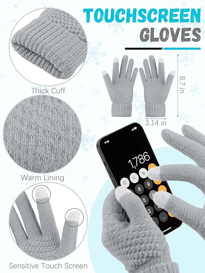 Winter Hat Scarf Gloves and Ear Warmer, Knit Warm Beanie Hat Touch Screen Gloves Long Knitted Plaid Scarf Set Gifts for Women