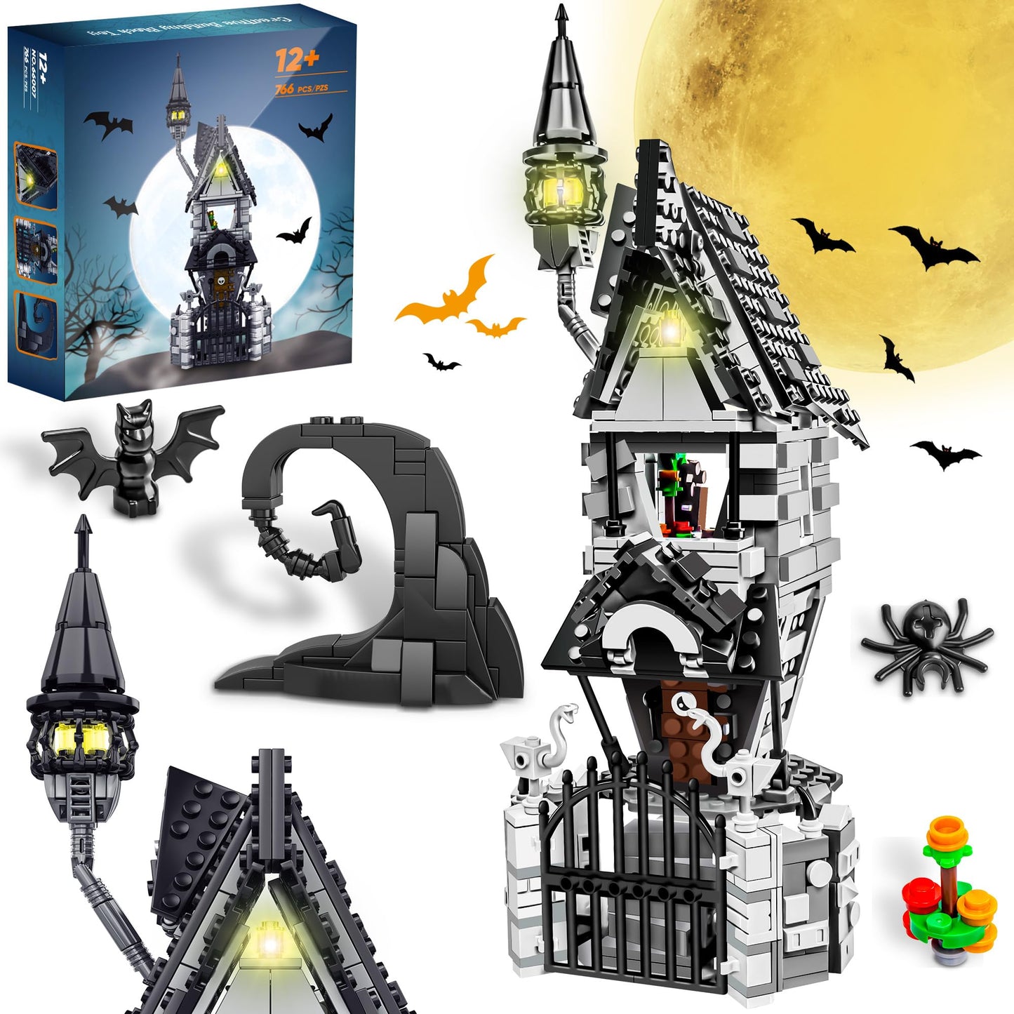 PleySyncz Halloween Haunted Mansion House Building Kit, Before Christmas Building Blocks Set with Glowing Lighting, for Fans and Kids (766pcs)