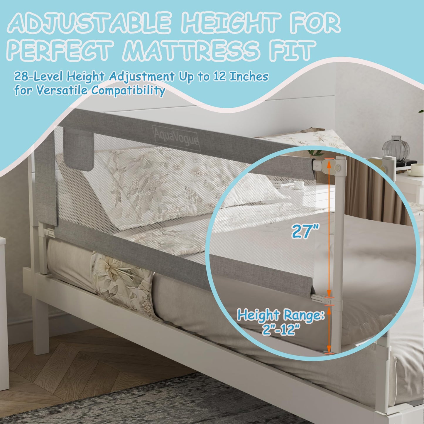 AquaVogue 3-Pack Queen Size Bed Rails for Toddlers -Height Adjustable Baby Bed Rail Guard Specially Designed for Queen Size Bed(78.74 x 78.74 x 59 Inch)