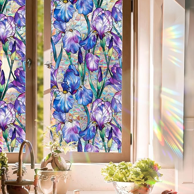 Stained Glass Window Film UV Resistant Window Privacy Film Purple Floral Privacy Rainbow Decals Living Room Bedroom Sun Blocking Decor Removable Static Cling Stickers 17 x 39.37 Inch