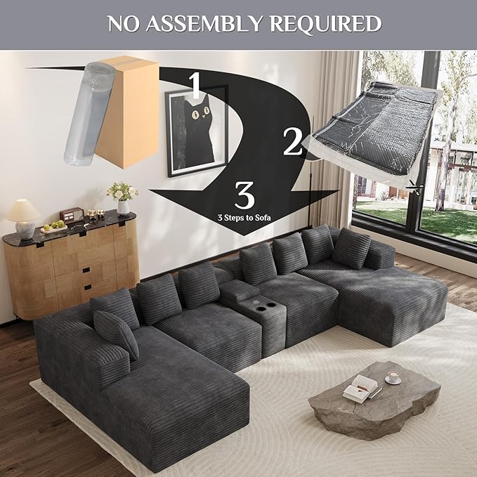 Modular Sectional Sofa with USB Cup Holders Storage, 143" U Shaped Cloud Couch Plush Corduroy Deep Seat Boneless Sofas with Double Chaise Lounge Memory Foam Couches for Living Room - Dark Grey