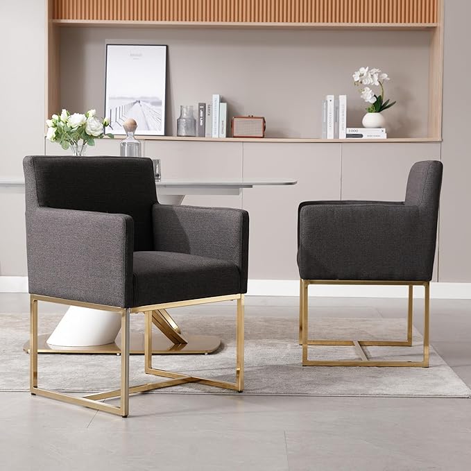 BESTANO Upholstered Dining Chairs with Armrest Set of 2 Mid Century Modern Accent Chairs Armchairs with Gold Metal Frame, Modern Kitchen & Dining Room Chairs, Charcoal