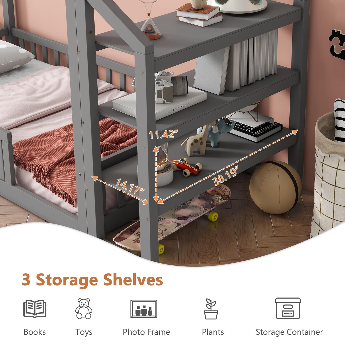 Aoowow Twin Size Floor Bed Twin House Bed Frame with Storage Shelves, Wooden Montessori Floor Bed Kids Playhouse with Fence for Boys Girls for Bedroom,Twin-Grey