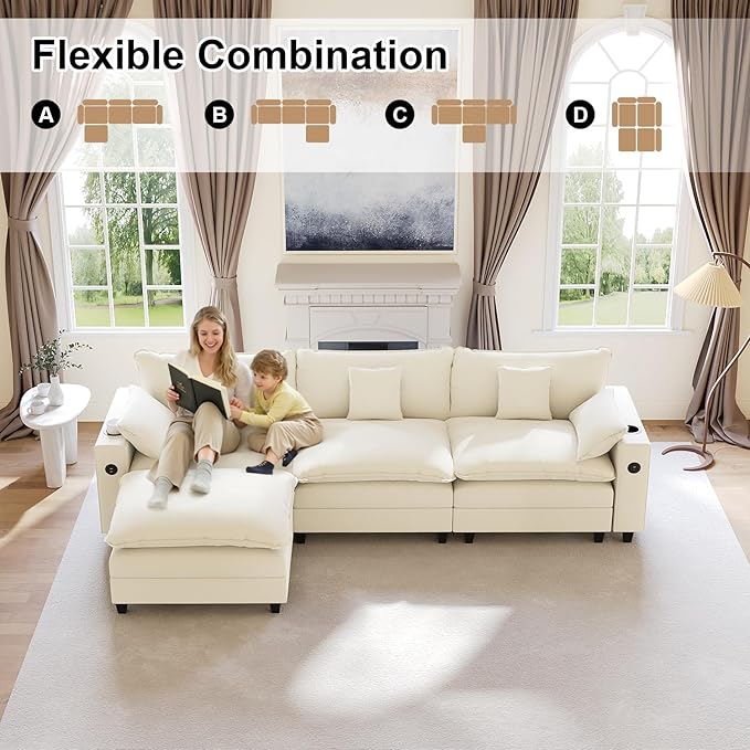 KCGKCG 116" Modular Sectional Sofa, L Shaped Cloud Couch with Movable Ottoman, Chenille Deep Seat Cloud Sofa with Charging Station, Cup Holder, Side Pocket, Sectional Couches for Living Room, Beige