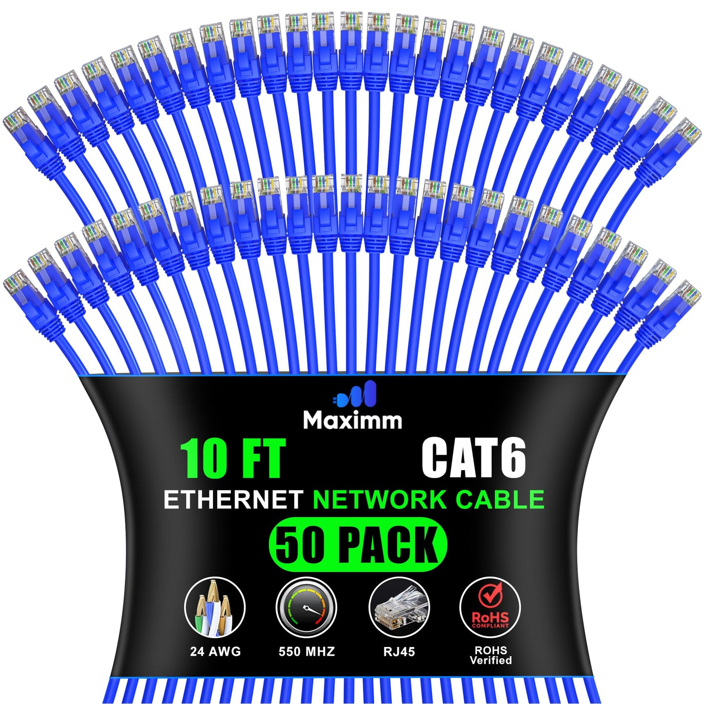 Maximm Cat 6 Ethernet Cable - 10 Ft (50-Pack) - High-Speed Lan, Internet, Patch, And Network Cable - Utp, 10Gbps, 550Mhz Etherne