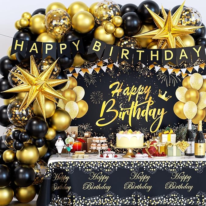 Black and Gold Birthday Decorations for Men Women, 71pcs Black and Gold Party Decorations with Backdrop, Tablecloth, Gold ...