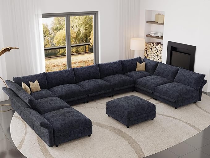 DreamDashio 193" Oversized Modular Sectional Sofa with Storage, U Shaped Sectional Cloud Couch for Living Room with Adjustable Arms Backs, Thick Cushions 10 Seater, Dark Grey Chenille