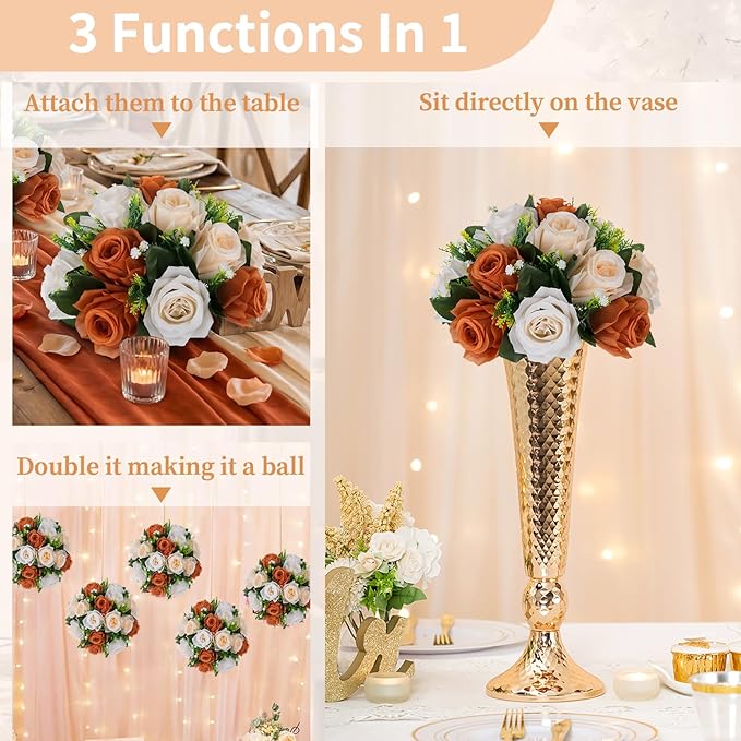 NUPTIO Terracotta Flower Ball Centerpieces: 10 Pcs Artificial Rose Kissing Balls for Wedding Party Tables - Faux Silk Floral Arrangements for Fall Home Thanksgiving Event Dining Decorations