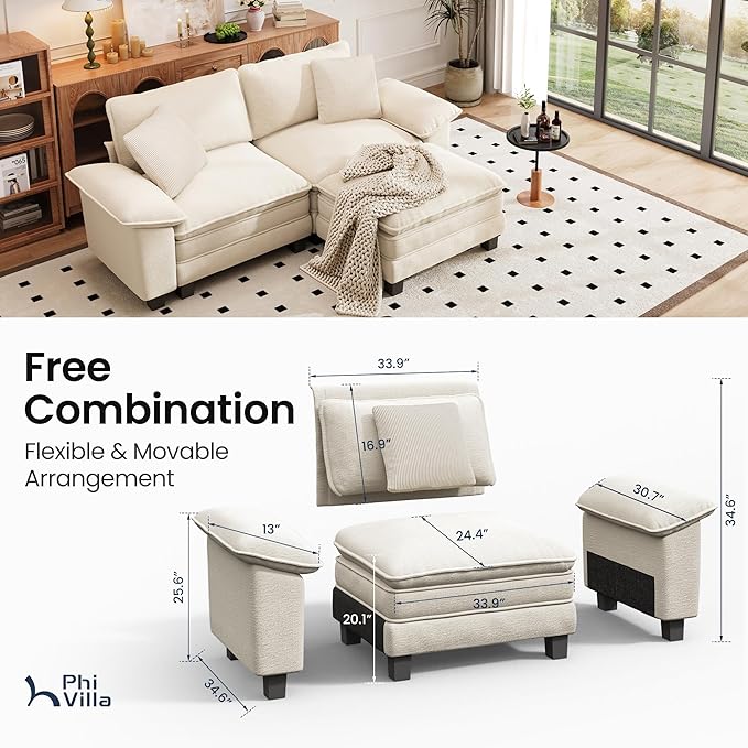 PHI VILLA Cloud Modular Couches Sets, 87.5" Sectional Loveseat Sofa with 1 Movable Ottoman, 3-Seater Comfy Couches for Living Room Apartment, Chenille Fabric, Beige
