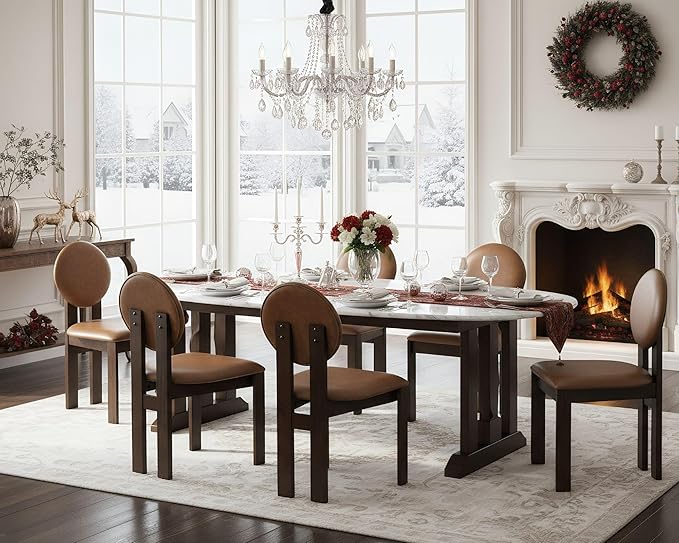 Modern Wood Dining Chairs Set of 2, Farmhouse Brown Faux Leather Kitchen Chairs with Round Back & Walnut Legs, Mid-Century Armless Upholstered Accent Chairs for Dining Room/Living Room/Restaurant