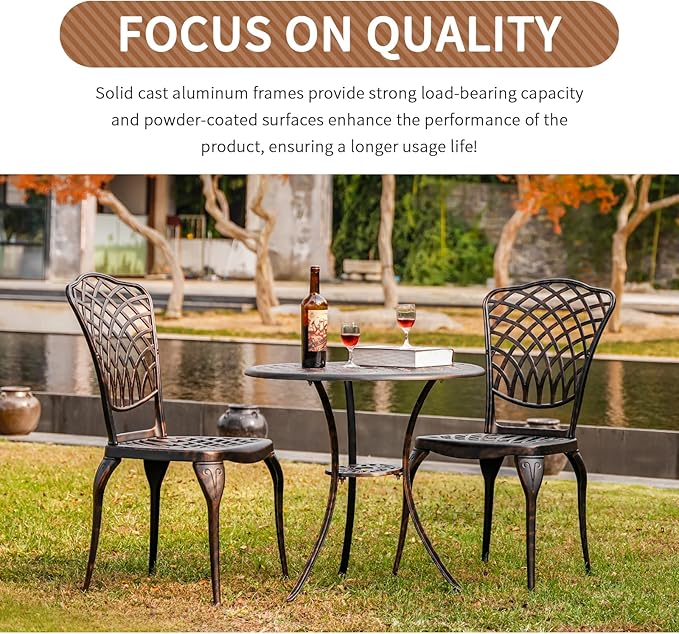 Withniture Bistro Set 3 Piece Outdoor Cast Aluminum Patio Bistro Set with 1.97” Umbrella Hole, Patio Table and Chairs Set of 2 Metal Furniture Set for Porch, Yard, Bronze