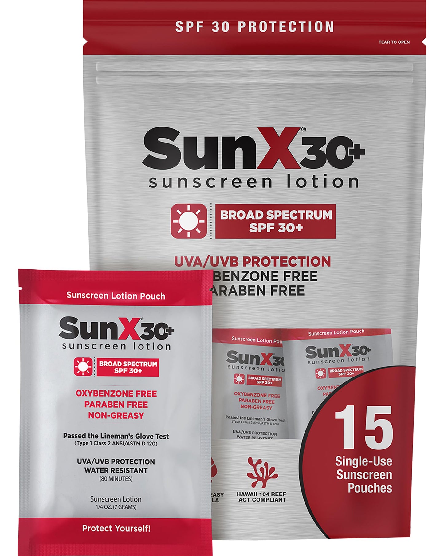 CoreTex Sun X 30+ SPF Broad Spectrum Sunscreen Packets with Resealable Travel Bag - Pack of 15 Paraben, Oxybenzone, Octinoxate,