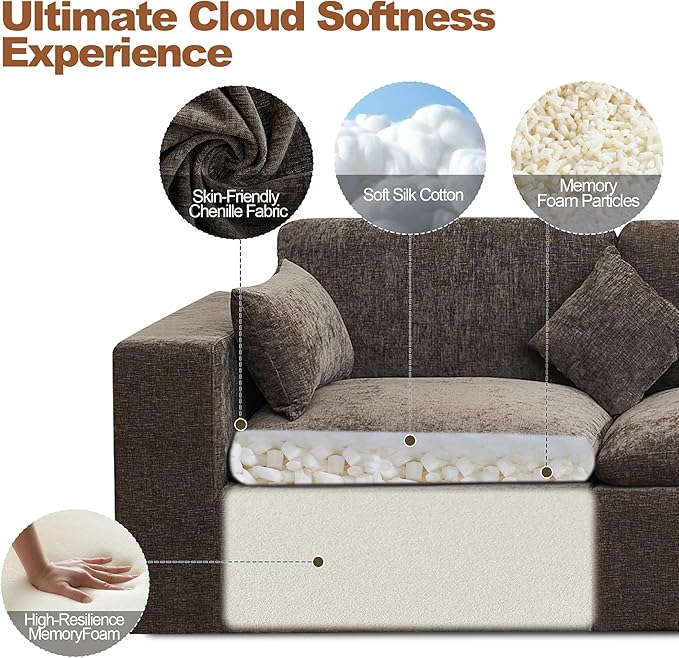 115''Cloud Boneless Sectional Couch, Modular Sectional Sofa Deep Seat with Ottoman, Oversized Upholstered Convertible Comfy 4 Seater Chenille Sofa L Shape Couches for Living Room, Brown
