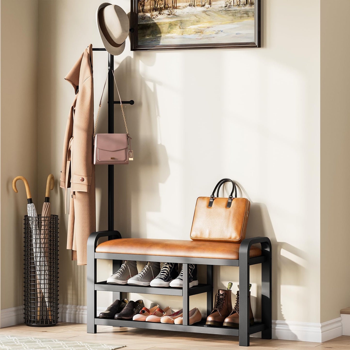 IRONCK 35" Hall Tree, Shoe and Coat Rack with Bench, 3-in-1, 2 Tier Shelves, 5 Hooks, Coat Rack with Shoe Storage for Entryway, Hallway, Rustic Brown