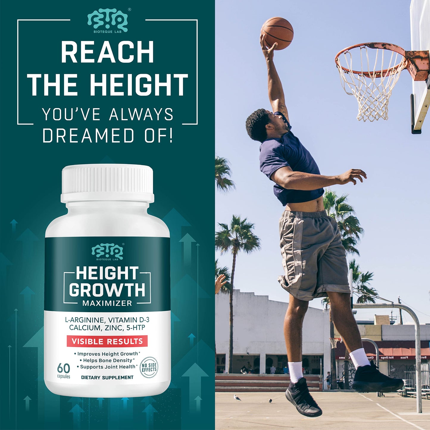 BIOTEQUELAB Height Growth Maximizer, Calcium, Vitamin D3 and Zinc Blend Pills, Bone Growth Supplement for Kids and Teens, Bone Strength, Density Support, GMO-Free, Gluten-Free, Made in USA, 60 Caps