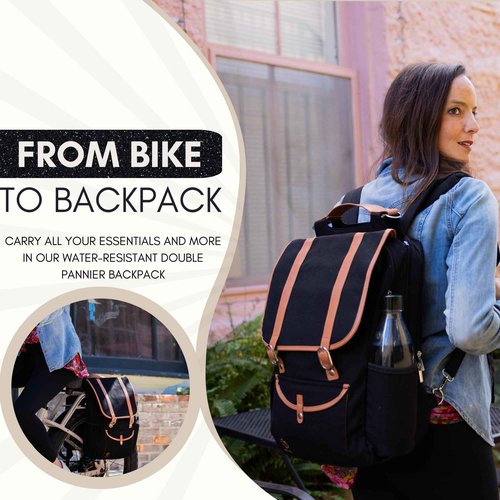 Double Bike Pannier Backpack Laptop Bag 17.3L – Convertible Panniers for Bicycles, Water-Resistant Canvas Commuter, Rear Bike Rack Bags for Laptops, Gift for Bicycle Lovers (Black)
