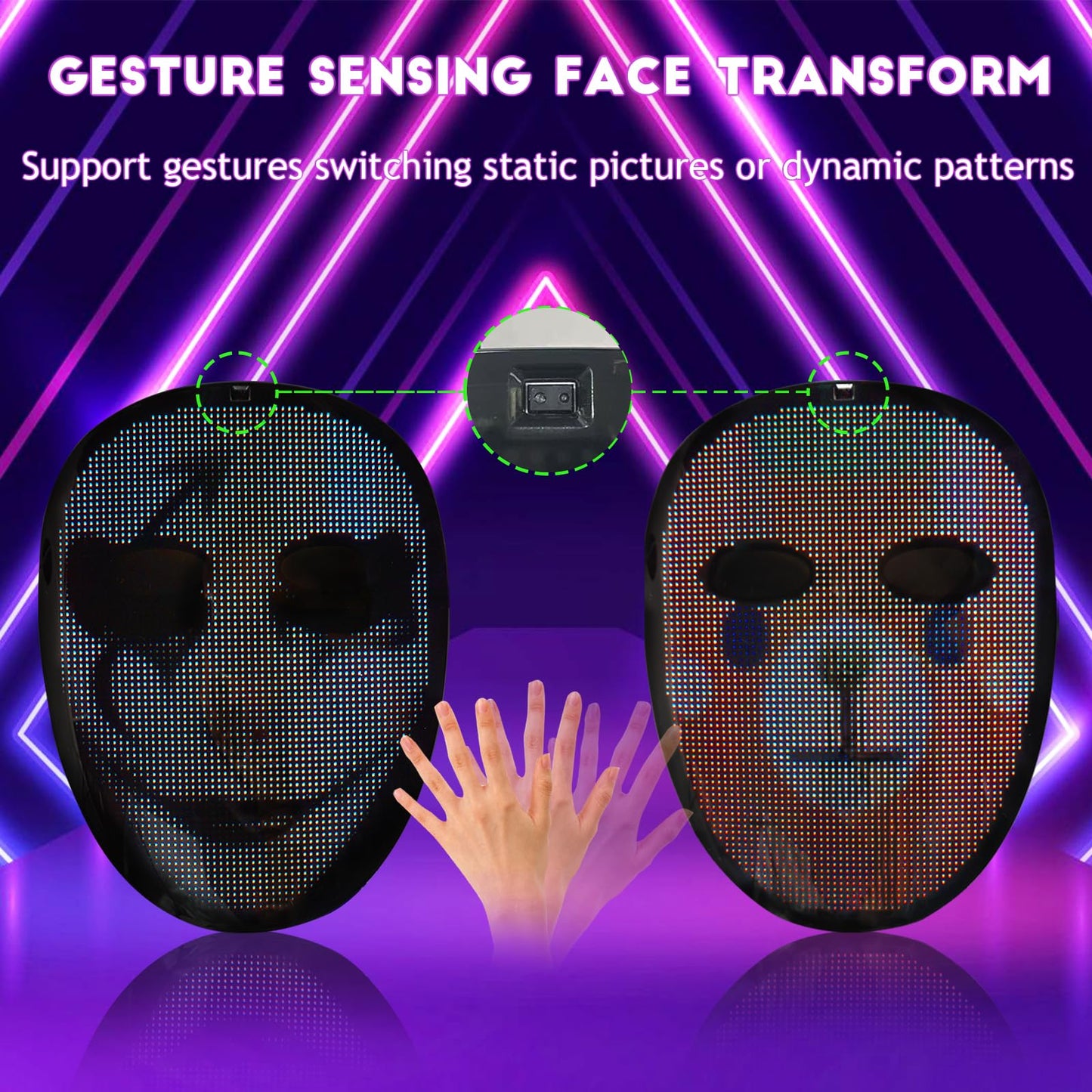Depointer Life Led Mask with Voice Recognition Gesture Sensing, Light up Mask with Programmable App Multi-Patterns Display, Colorful Shining Mask for Halloween Xmas Costume Party