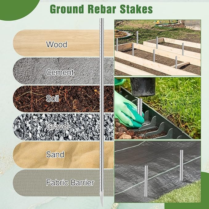 Gisafai 50 Pcs 12 Inch Ground Rebar Stakes Heavy Duty Ground Anchors Steel Plant Support Garden Stake Long Straight Metal Spikes with Chisel Point End for Concrete Timber Garden Plant Tent