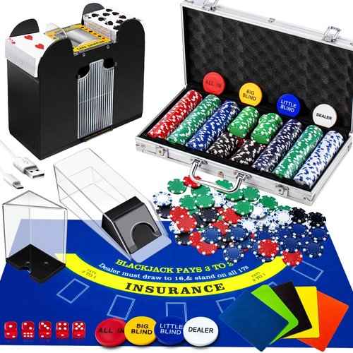 Aoriher Blackjack Casino Game Set, Include 300 Poker Chips, Casino Felt 1 Automatic Card Shuffler 6 Deck Dealer Shoe Discard Holder Tray Aluminum Case for Texas Holdem Blackjack Poker(Blue)