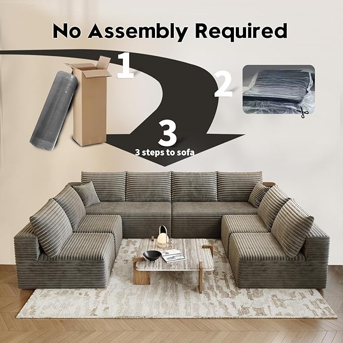 139.4" Modular Sectional Sofa Couch, Oversized U-Shaped Minimalist Couches with 4 Middle Seats Chaise, Modern Deep Seat Cloud Plush Corduroy Sofas Set for Living Room, 8 Seater, Camel