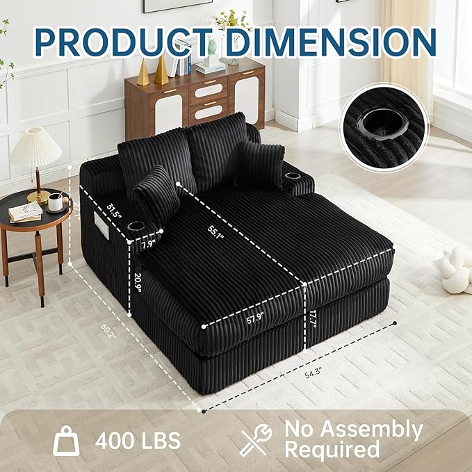 Asukale 60" Oversized Chaise Lounge Chair Indoor, Boneless Cloud Chair Bed with 4 Pillows & Armrests, No Assembly Corduroy Upholstered Sofa for Living Room, Bedroom, Apartment(Black)