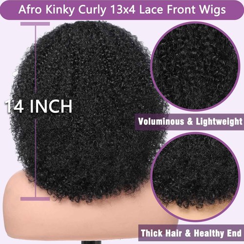 UREMY Afro Kinkycurly Wig Human Hair, 13x4 Lace Front Glueless Bob Wigs, 180 Density Pre Plucked Transparent Lace Frontal, Brazilian Kinky Straight Wig for Black Women, Natural Black 14 Inch