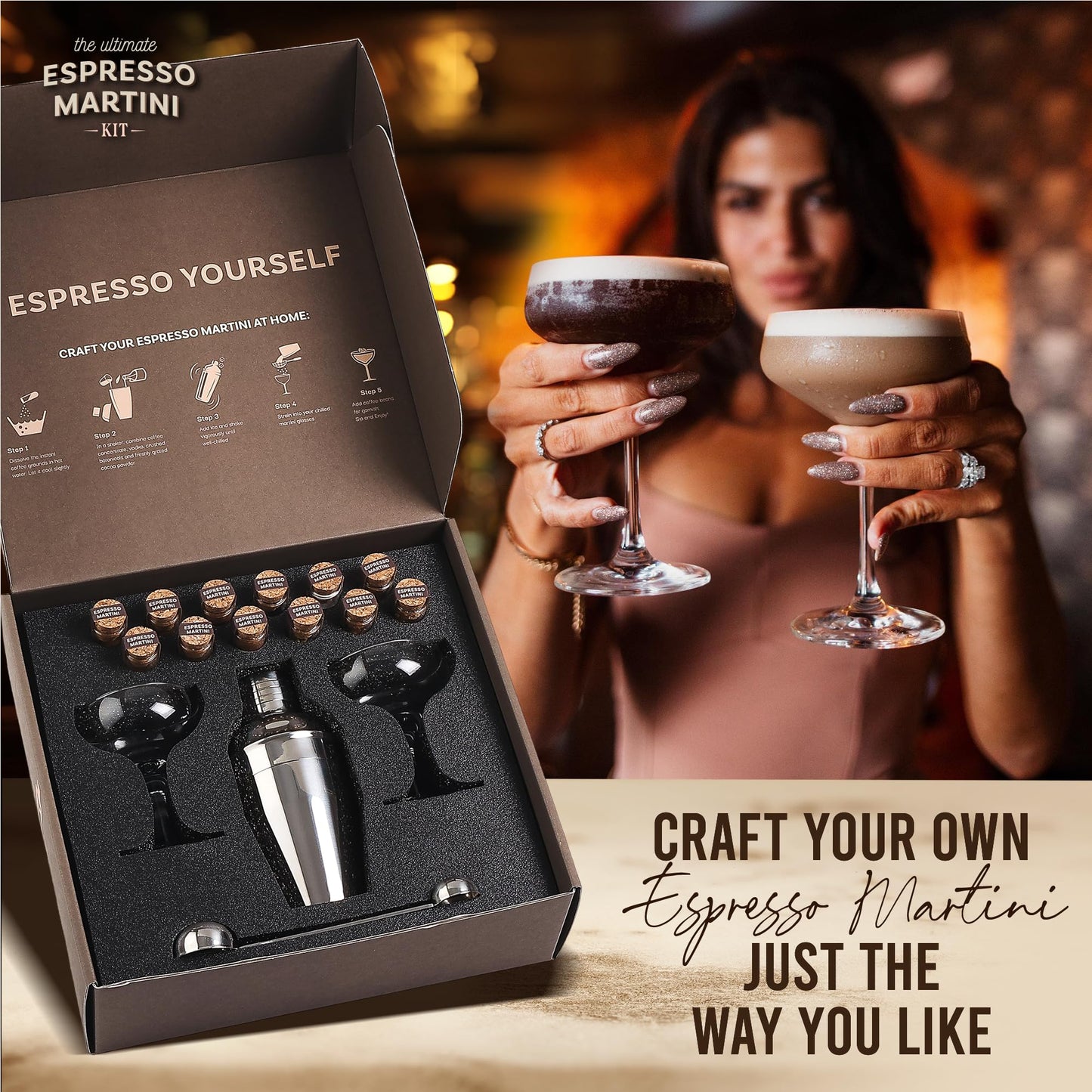 Espresso Martini Kit Gift Set– Complete Martini Maker Set with Espresso Mix, Party-Ready Accessories, and Elegant Decorations for Birthdays and Events, Birthday Gifts for Women