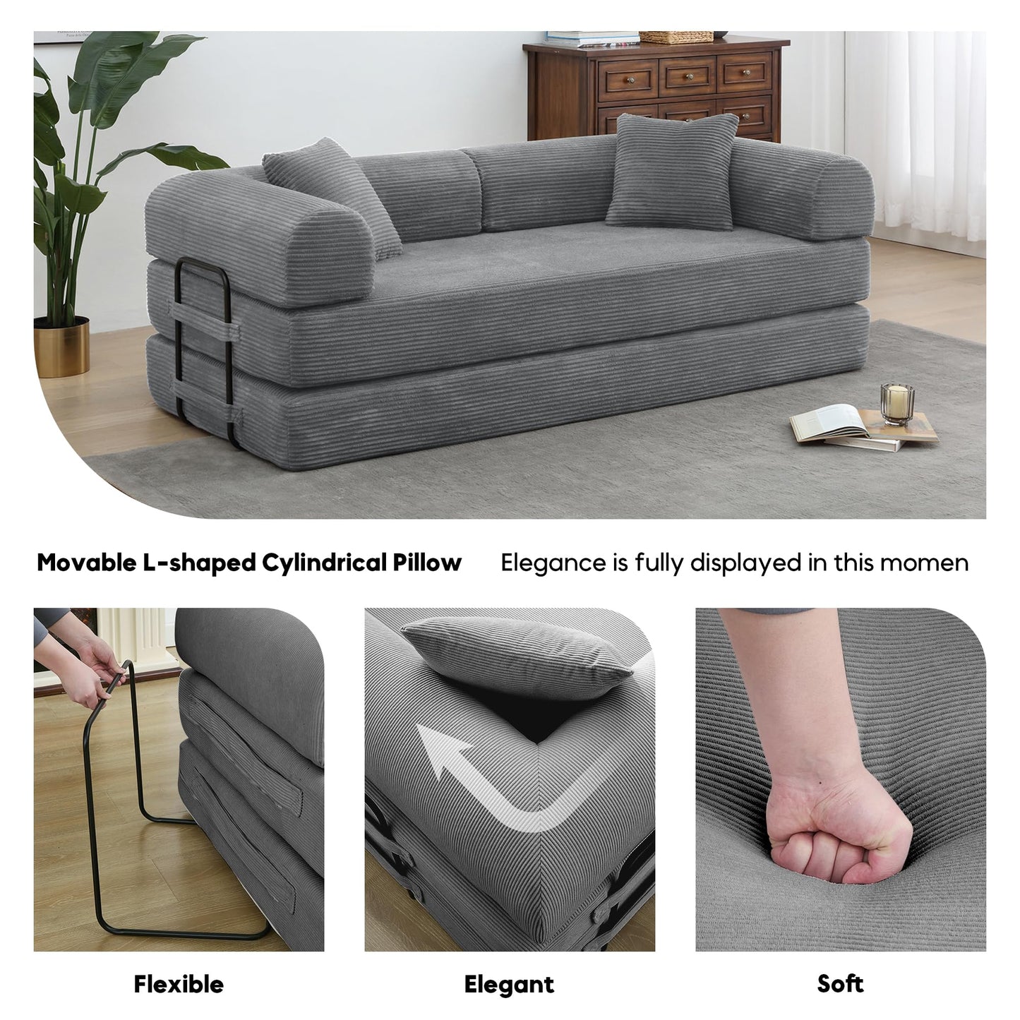 ZEIINPA Comfy Convertible Folding Mattress Couch, Floor Sofa Bed with Fixed-Shape Frame, Corduroy Floor Sofa with Armrest, Floor Sofa Lounge Couch for Living Room Bedroom Lounge Studio,Grey