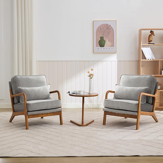 Mid-Century Accent Chair Set of 2, Linen Fabric Lounge Chair with Wide Armrest,13-16.5'' Low Seat Height Armchair with Lumbar Pillow & Solid Wood Frame for Living Room, Bedroom, Balcony(Light Gray)