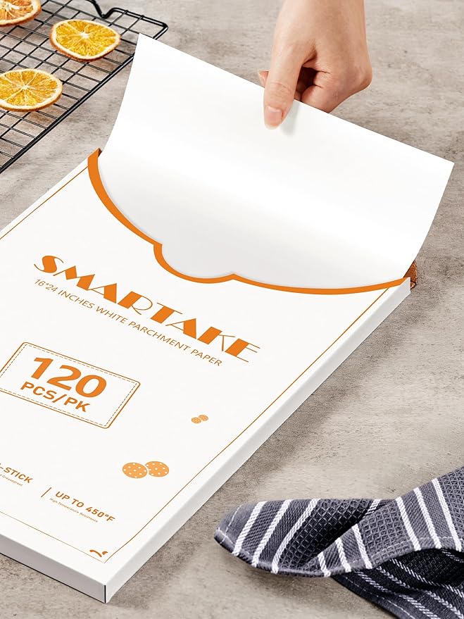 SMARTAKE 120Pcs Parchment Paper Sheets, 16x24 Inch Pre-Cut Parchment Paper for Baking, Non-Stick, Natural Wood Pulp, for Air Fryer Steaming Grilling Rack Oven (White)