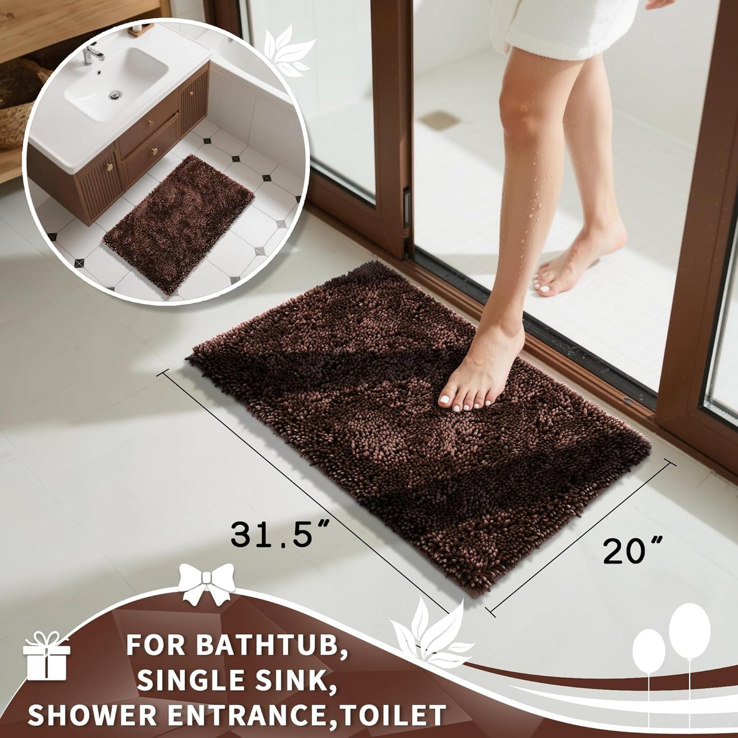 Yimobra Chenille Bathroom Rugs Non Slip, Extra Thick Soft Absorbent Bath Rug 31.5x20 Inch, Machine Washable Quick Dry Bath Mat for Bathroom Floor, Tub and Shower, Home Decor Accessories, Brown