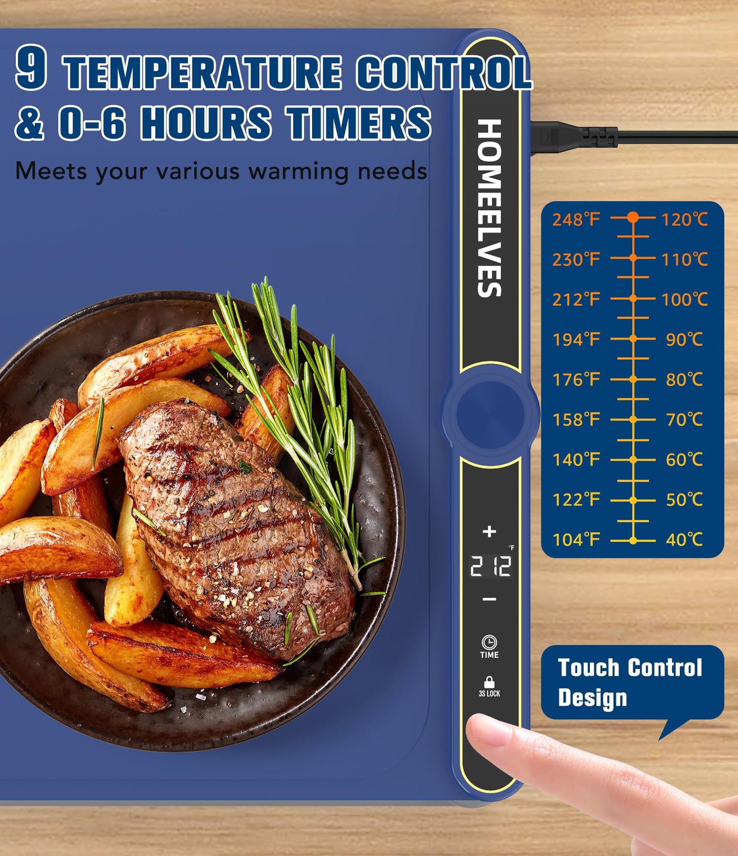 Warming Mat for Food Extra Large 39.4”X15”, 8S Rapid Heating Electric Warming Tray with 9 Temp Setting and 6H Timer, Food Warming Pad, Portable Food Warmers for Parties Buffet, Blue