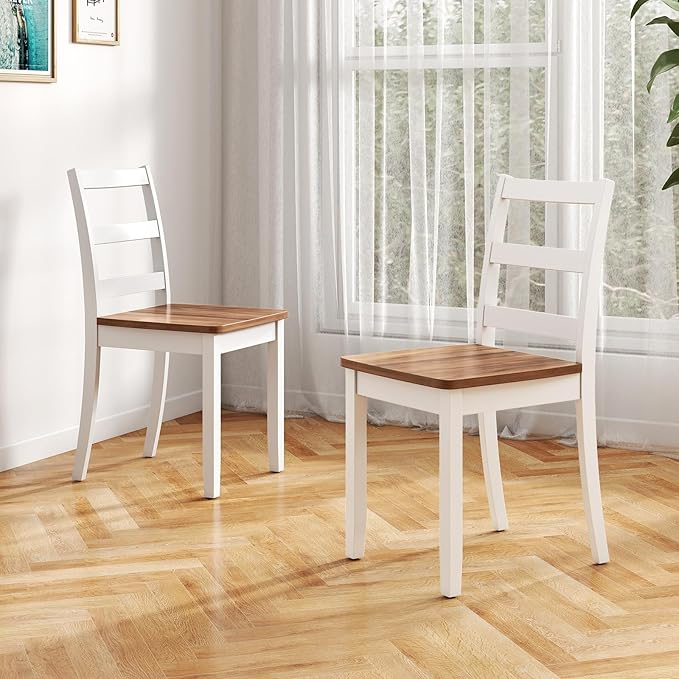 Giantex Dining Chairs, Wooden Armless Kitchen Chairs with Solid Rubber Wood Legs, Farmhouse Ladder Back Dining Chairs for Dining Room (2, White+Brown)