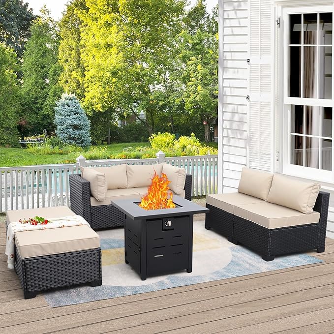 Lviden 7 Pieces Outdoor PE Wicker Furniture Set Patio Rattan Sectional Conversation Sofa Set with Khaki Cushions and Fire Pit Table