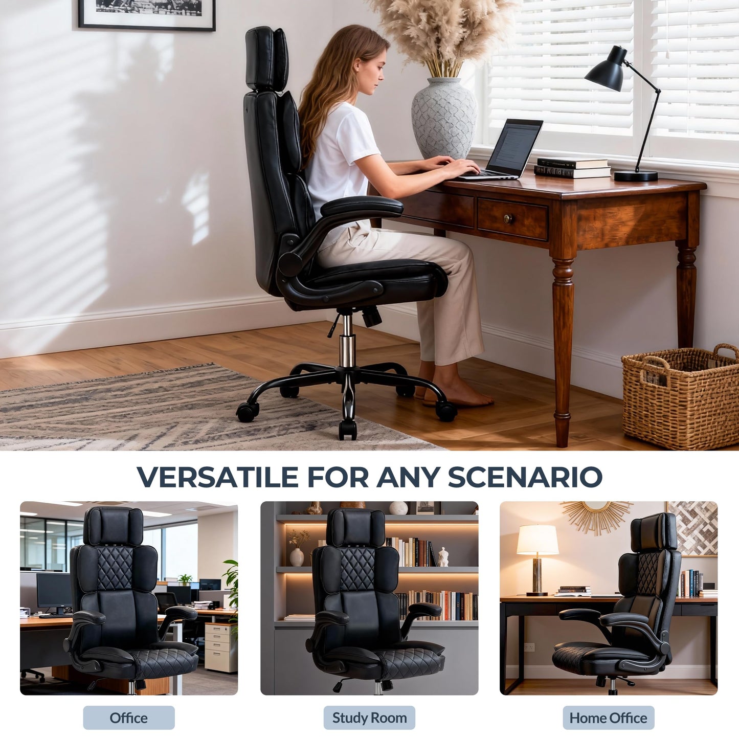 Office Chair with Adjustable Headrest - Executive Leather Desk Chair for Home Office, with Flip-Up Arms & Ergonomic Lumbar Support, Perfect for Work and Study, Black