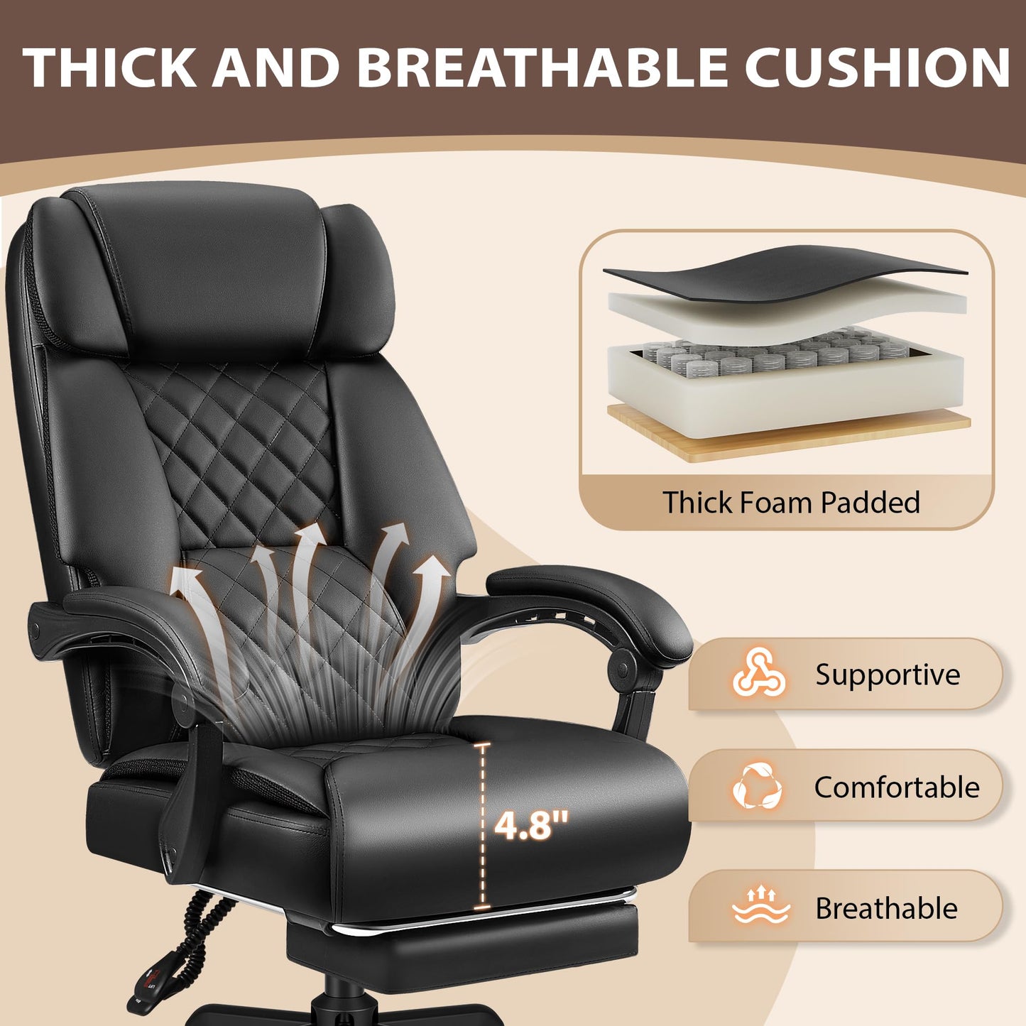 JUMMICO Massage Office Chair with 6 Point Vibration and Heat, Ergonomic Executive Home Office Desk Chair with Foot Rest, High Back 400LBS Leather Computer Chair for Home Office (Black)