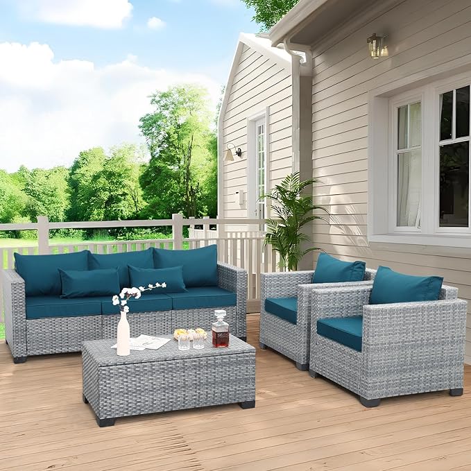 4 Piece Wicker Patio Furniture Sets Outdoor Conversation Set PE Rattan Sectional Sofa Couch with Storage Table and Peacock Blue Cushions