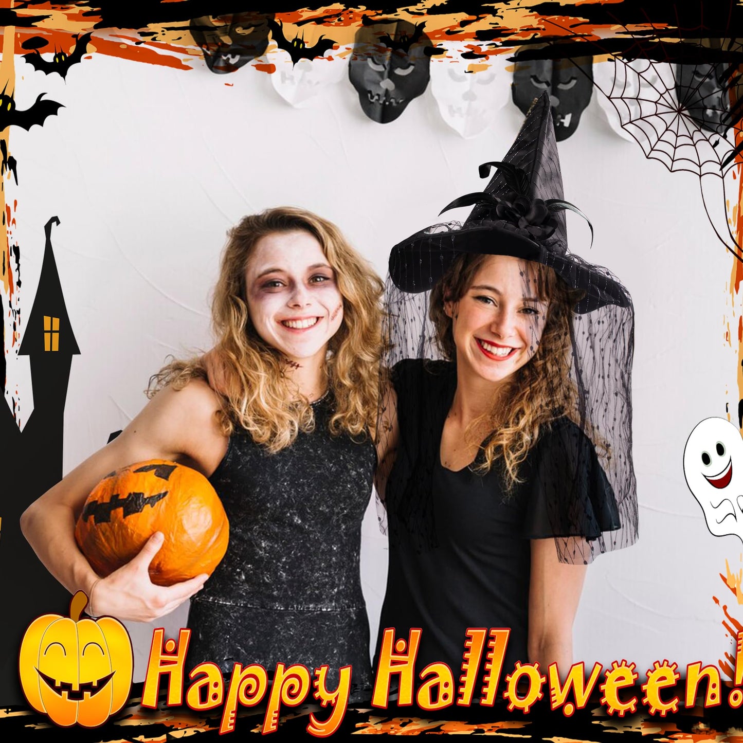 Suwaoo Halloween Witch Hat - Lace Halloween Costumes Outfit for Women, Witches hats for Women Adult Attached Veils Cosplay Costume Halloween Accessories for Decorations, Standard, Black
