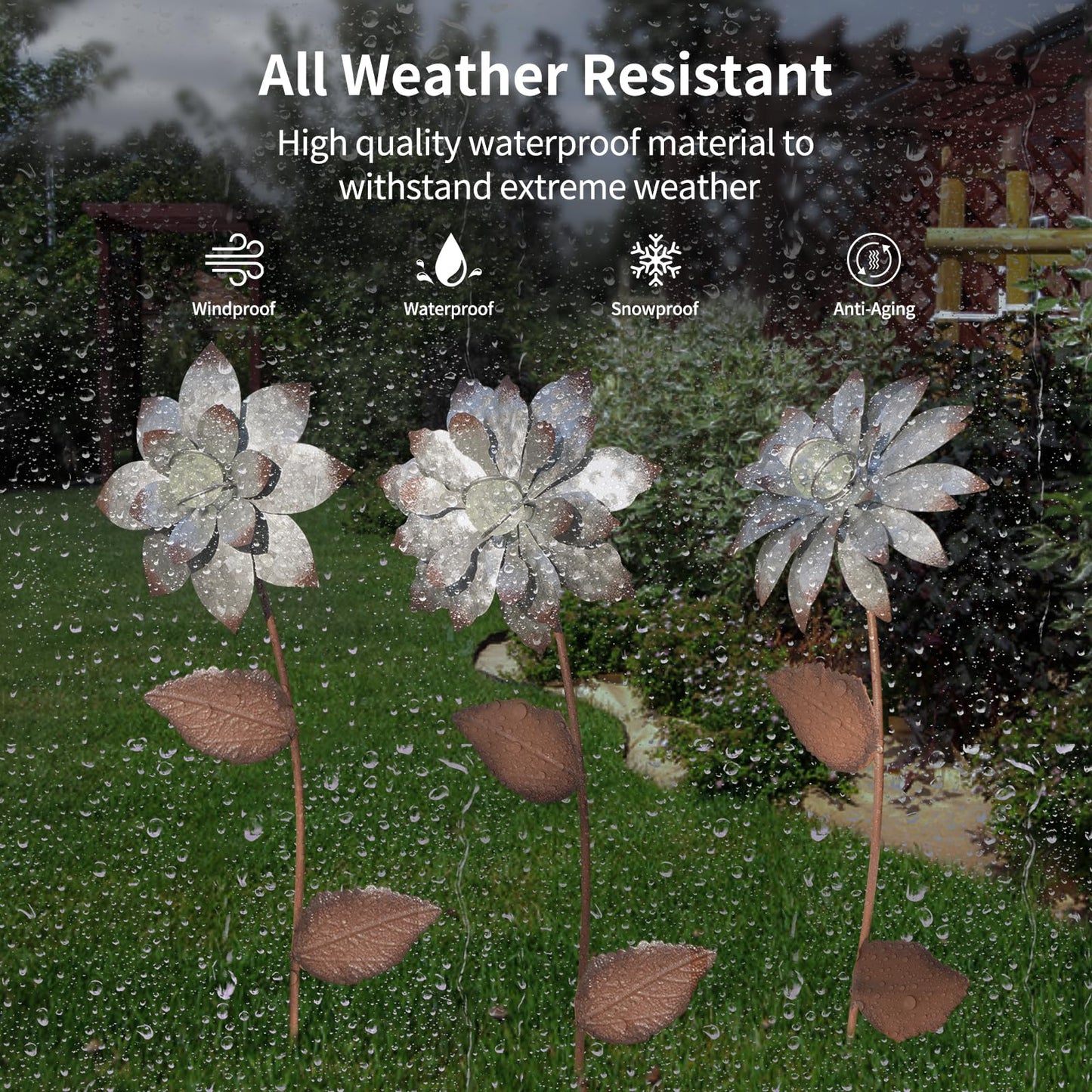 Garden Stakes Decorative, Metal Flowers for Outside, Glow in Dark Yard Lawn Ornaments Plant Pot Flower Bed Decor, Patio, Set of 3, Gold Flower