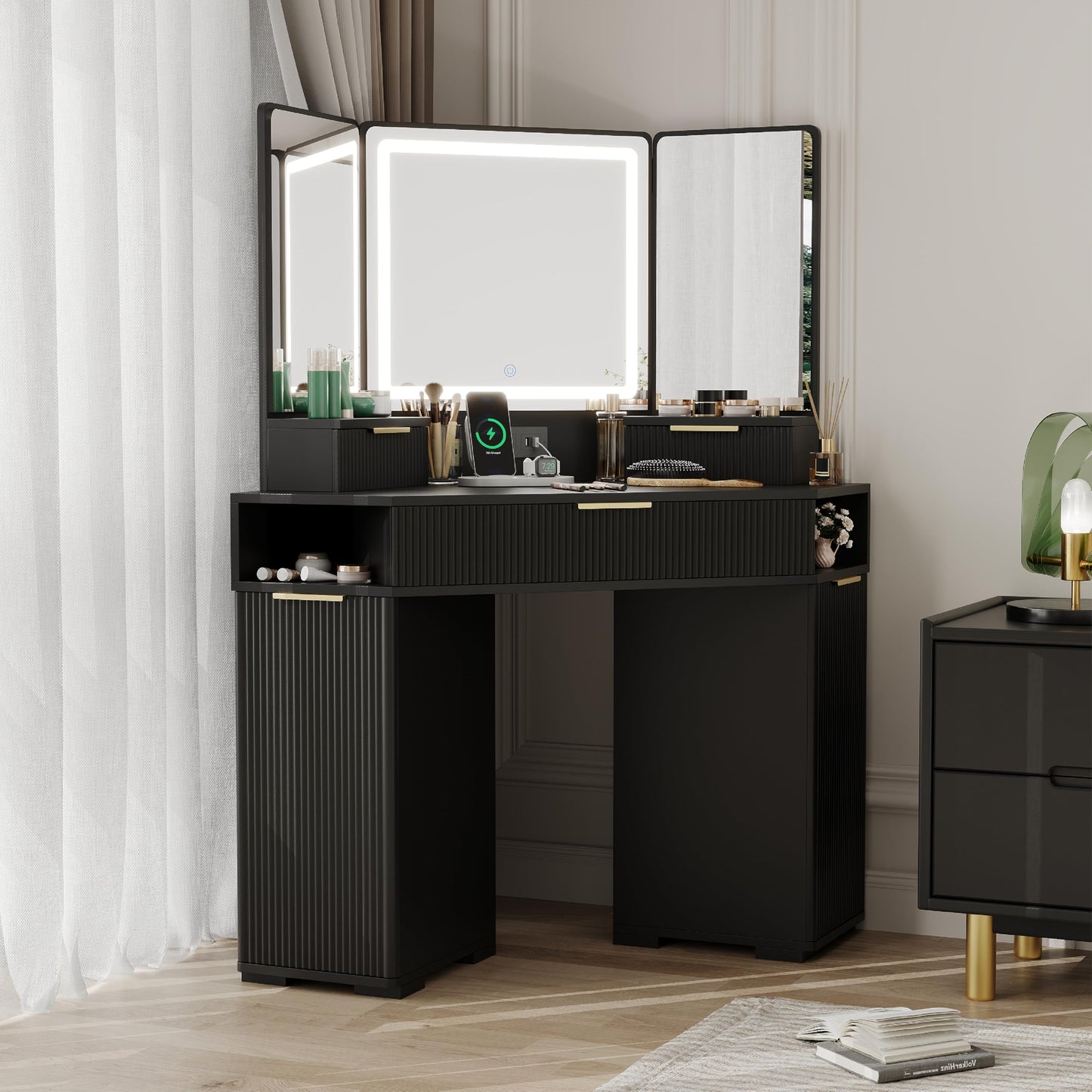 Garvee Black Corner Vanity, Corner Vanity Desk with Mirror and Lights, Fluted Makeup Table with Charging Station, Drawers, Storage Cabinets