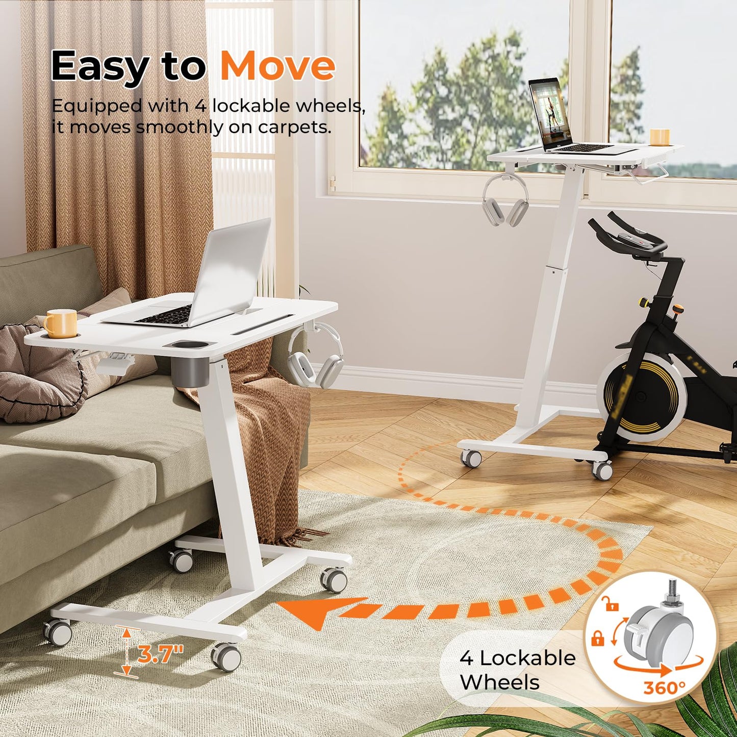 JOY worker Mobile Standing Desk for Treadmill, 31.5" Small Pneumatic Height Adjustable Walking Pad Desk, 40° Foldable Rolling Bike Trainer Stand Table on Wheels with Cup Holder & Towel Rack, White