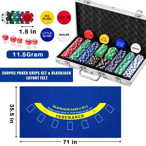 Aoriher Blackjack Casino Game Set, Include 300 Poker Chips, Casino Felt 1 Automatic Card Shuffler 6 Deck Dealer Shoe Discard Holder Tray Aluminum Case for Texas Holdem Blackjack Poker(Blue)