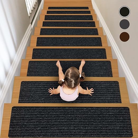 Non-Slip Stair Treads, 7.8" X 30" (15-Pack) Stair Runner Indoor Outdoor Mat, Black Slip Resistant Stair Tread Mats Step Covers Pads for Elders, Kids and Pets (30" x 7.8", Black)