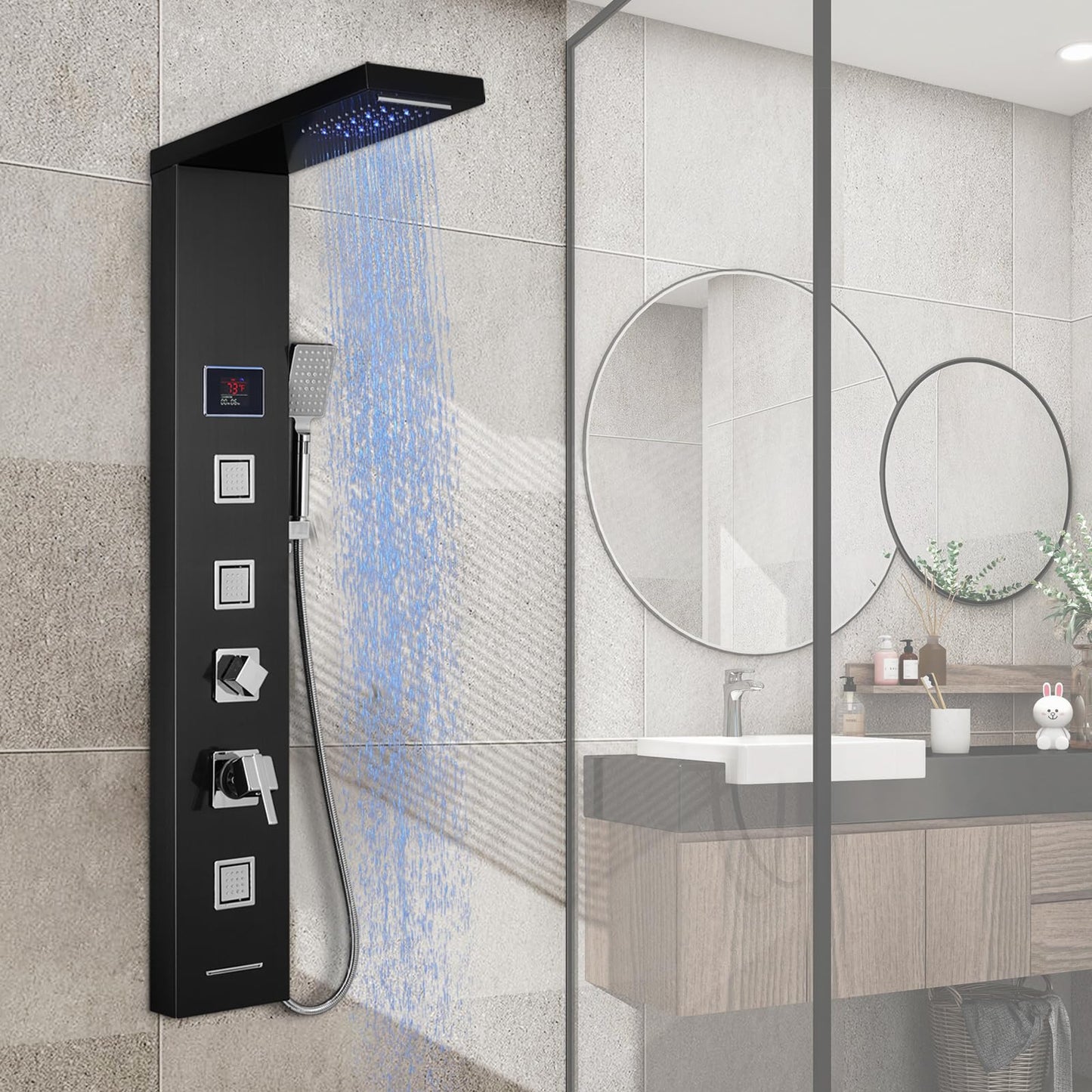 ROVOGO Shower Panel Tower System with LED Lights - No Battery Needed, Shower Column with Rainfall Waterfall Shower, Body Jets, Handheld Shower, Tub Spout and Temp Display, Black