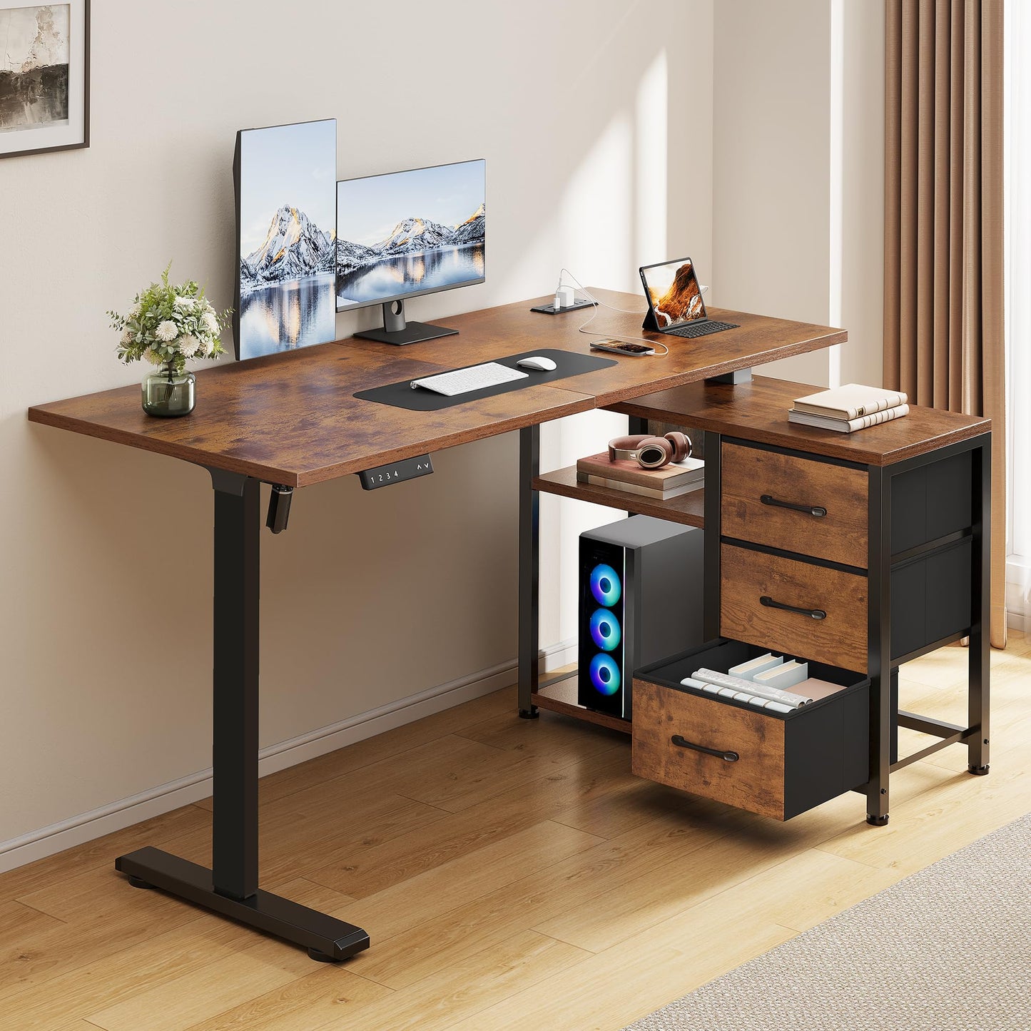 Homiflex 47 Inch L Shaped Desk with 3 Drawers Electric Standing Desks with Storage Computer Table Adjustable Height with Power Outlets 4 Memory Presets for Home Office, Rustic Brown