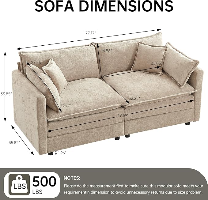 saows Modular Sectional Sofa, 77 Inch Rectangle Shaped Couch Set, 2-Seater Comfy Cloud Couches for Living Room Apartment, Coffee