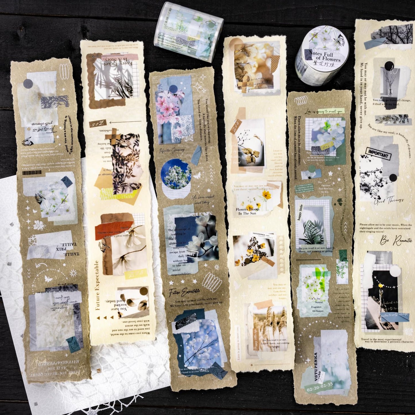 Flower Words PET Tape Set, 6 Rolls of Nature Ephemera for Junk Journaling, Scrapbooking, Crafting, DIY Projects, Diaries, and Art Supplies